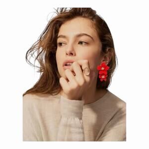 Red Double Flower Drop Earrings Gold Center Statement Summer Beach NWOT